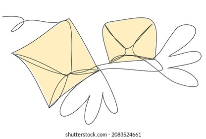Dos correos de doodle en una línea sobre un fondo blanco. Ilustración vectorial con el símbolo de dos letras y alas. Correo de los amantes.