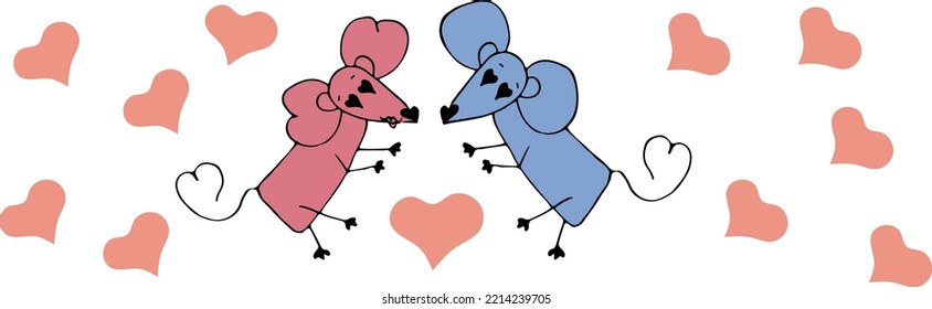 two doodle mice dancing for valentine's day, children's illustration, design element for fabrics and web pages and covers