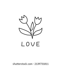 Two doodle outline spring tulip flowers and text love isolated on white background. Seasonal floral illustration. Black contour silhouette.