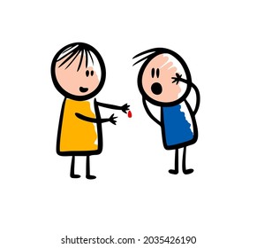 Two doodle people looking on bleeding fingure. Vector medical illustration in hand drawn line stile. Sketch art.