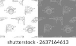Two doodle seamless patterns of hand drawn power tools including jigsaws, drills, circular saws, and sanders. Black and white outline vector design perfect for fabric on white and grey background