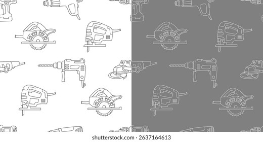 Two doodle seamless patterns of hand drawn power tools including jigsaws, drills, circular saws, and sanders. Black and white outline vector design perfect for fabric on white and grey background