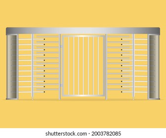 Two door access Full Height turnstile and pedestrian door. security gates vector illustration