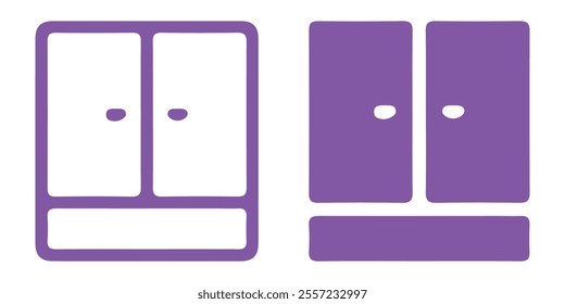 Two Door Cupboard Icon Collection. Bathroom Cabinets In Purple. Isolated White Background.