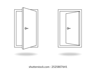 Two doors graphic icons. Open doors signs isolated on white background. Entrance or exit symbols. Vector illustration