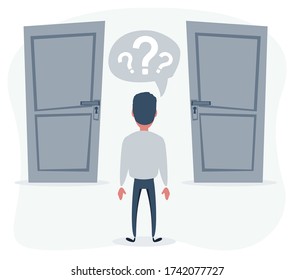 Two doors, men unable to make the right decision concept with question marks above his head. Vector flat design illustration.