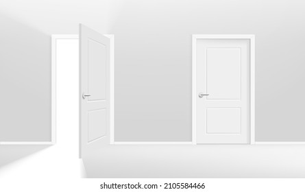 Two doors one of them is opening. Realistic 3d style vector illustration 
