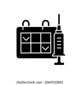 Two dose vaccination black glyph icon. Schedule for drug injection. 2 doze vaccine schedule. Hospital appointment. Health care, medicine. Silhouette symbol on white space. Vector isolated illustration