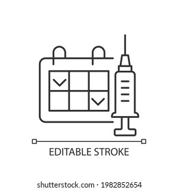 Two dose vaccination linear icon. Schedule for drug injection. 2 doze vaccine schedule. Thin line customizable illustration. Contour symbol. Vector isolated outline drawing. Editable stroke