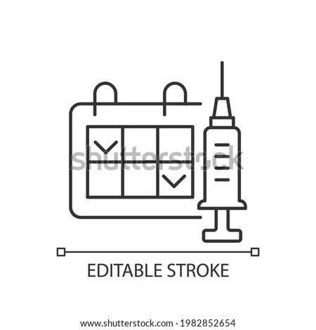 Two dose vaccination linear icon. Schedule for drug injection. 2 doze vaccine schedule. Thin line customizable illustration. Contour symbol. Vector isolated outline drawing. Editable stroke