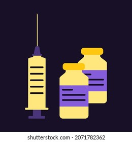 Two doses in vials and a syringe. Modern flat poster in purple and yellow colors. Pharmacy and healthcare. Treatment of viral diseases by injections. Vector.