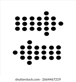 Ícone de duas setas pontilhadas à direita. Símbolo de navegação, avançar, avançar, mover, direção, interface, controle, ponteiro ou indicador digital.