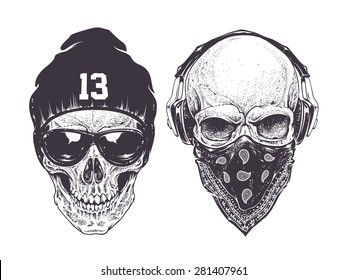 Two dotwork skulls with modern street style attributes. Vector art.