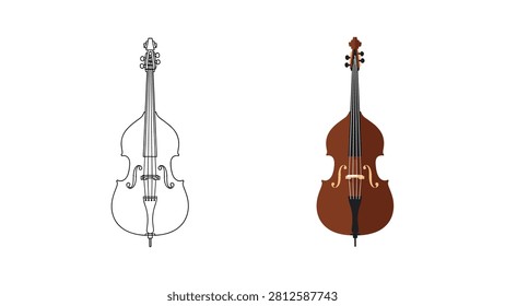 Two double bass instruments shown as a detailed outline sketch and a solid brown colored vector illustration on white background