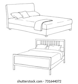 Two double bed isolated on white background. Vector illustration in sketch style.