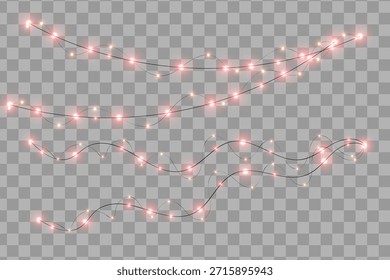Two double red and pink Christmas garlands on a light checkered background — one stretched and elegant, the other wavy and irregular. Festive glowing lights for holiday decoration.