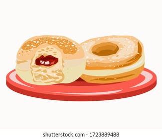 Two doughnuts with filling on a plate and one over the top