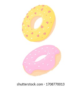 Two doughnuts with pink and yellow icing fly