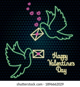 Two dove carry love letters to addressees. Neon glow. Colored vector illustration. Isolated background with an ornament from green pyramids. Celestial couriers. Happy Valentines day. Heart. Lettering.