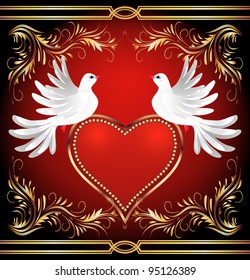 Two dove on red background with heart and golden ornament