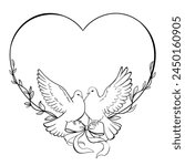 Two dove pigeons birds in a frame shaped like a wedding heart. Wedding, invitation, monochrome line art