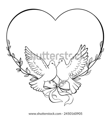 Two dove pigeons birds in a frame shaped like a wedding heart. Wedding, invitation, monochrome line art