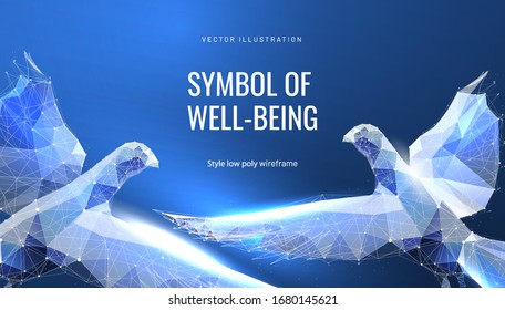 Two dove in the sky. Low poly wireframe style. Concept of peace, freedom and hope. Polygonal abstract creativ isolated on blue background. Vector illustration.