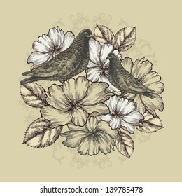 Two doves with blooming roses. Vector illustration.