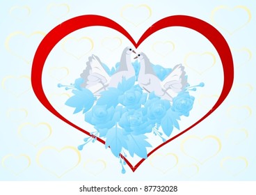 Two doves in a bouquet of flowers on a background of abstract hearts
