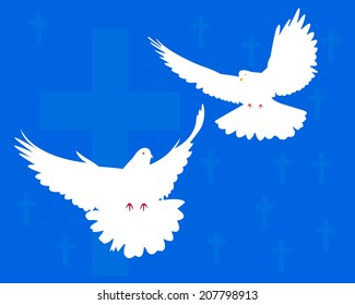 two doves and crosses on a blue background