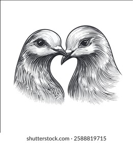  Two doves engraving sketch black and white. Vector EPS 10, 3 colors.