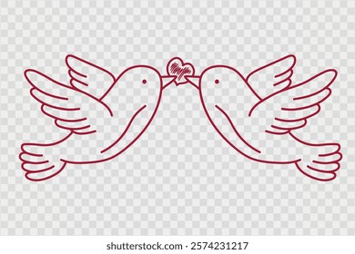 Two doves in flight holding a heart in their beaks, hand drawn in line.