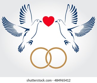 Two Doves flying with gold wedding rings and red heart. Wedding doves with rings, symbol of love and wedding. Decoration vector item for marriage. Vector illustration.