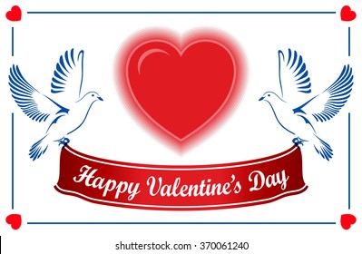 Two Doves flying with a red ribbon. Valentine. Heart of love. Vector illustration.