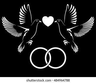 Two Doves flying with wedding rings and heart on the black background . Vector illustration.
