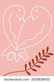 Two doves forming a heart shape with the word “Love” as tail – romantic vector illustration for wedding invitations, Valentine’s cards, romantic postcards, or love-themed backdrops.