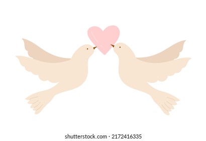 Dos palomas con corazón. Celebridad del amor, relación romántica, ilustración vectorial del momento adorable