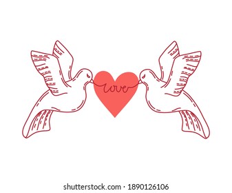 Two doves and a heart on a white background. Outline. Invitation, postcard, valentine card. Vector illustration.