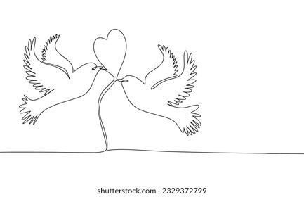 Two doves with heart silhouette vector. Concept for Valentines day. One line continuous vector line art outline illustration. Isolated on white background.