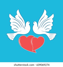 Two doves and hearts on a blue sky background, icon, vector illustration