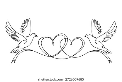 Dos palomas con una cinta en forma de corazón en un estilo lineal. Ilustración vectorial para San Valentín, una boda o un compromiso.