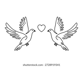 Dos palomas con una cinta en forma de corazón en un estilo lineal. Ilustración vectorial para San Valentín, una boda o un compromiso.