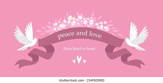Two doves hold a graceful decorative ribbon with space for text. Vector illustration