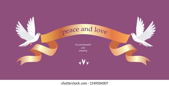 Two doves hold a graceful decorative ribbon with space for text. Vector illustration