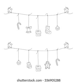 Two doves holding in paws on a rope which hangs: caramel, gift box, bell, Christmas ball, Christmas stocking. Vector illustration on white background.
