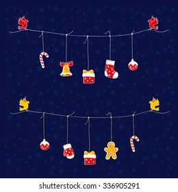 Two doves holding in paws on a rope which hangs: caramel, gift box, gingerbread, Christmas ball, Christmas mitten. Vector illustration on dark blue background.