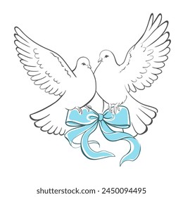 Two doves igeons in flight hold a blue ribbon bow. Wedding, invitation