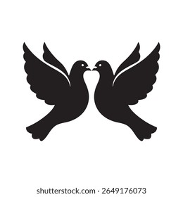 Two doves kissing icon representing love and peace for a wedding invitation or a romantic relationship symbol of a couple together in harmony vector solid glyph icon