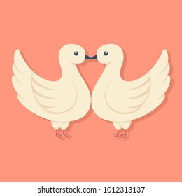 Two doves kissing. Vector cartoon flat icon of enamored birds.