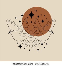 Two doves, light boho, vector image for print, unique boho clipart illustration. Ideal for poster or postcard template.